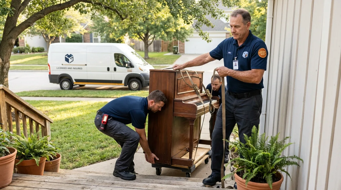 Licensed piano movers securing grand piano in Golconda, IL